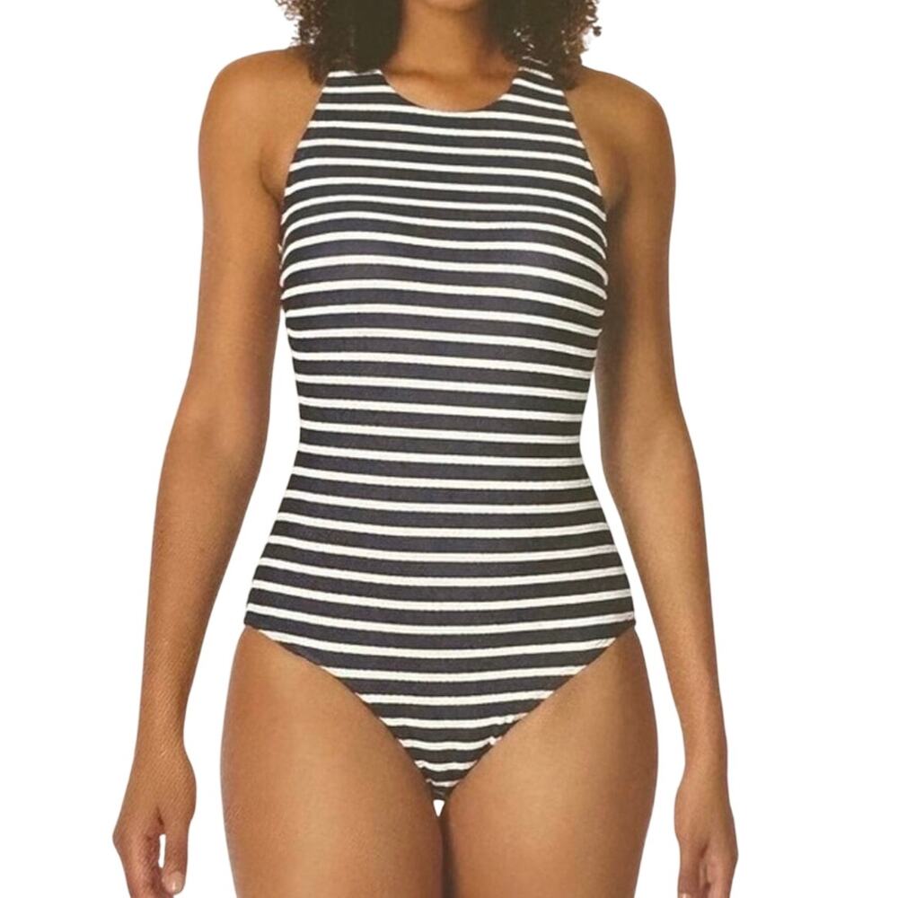 Lands' End Navy Blue White Stripe High Neck Open Back One Piece Swimsuit Sz 18